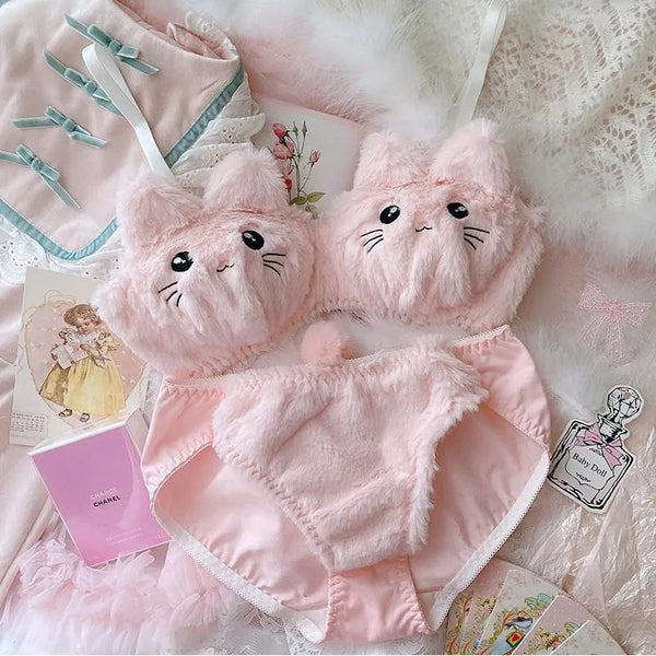Cute Kitty Anime Soft Plush Bra & Amp; Panty Set High Quality With Multy Colour