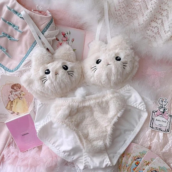 Cute Kitty Anime Soft Plush Bra & Amp; Panty Set High Quality With Multy Colour